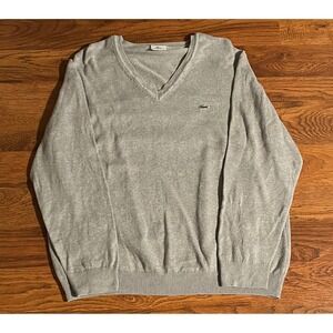 Lacoste Mens V-Neck Sweater Gray Knit Crocodile Logo Pullover Size 6 XL